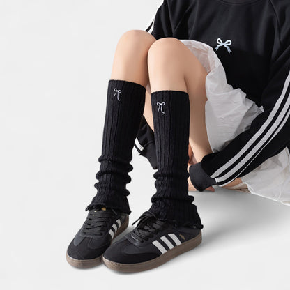 Ribbed Knit Leg Warmers with Embroidered Bow Detail