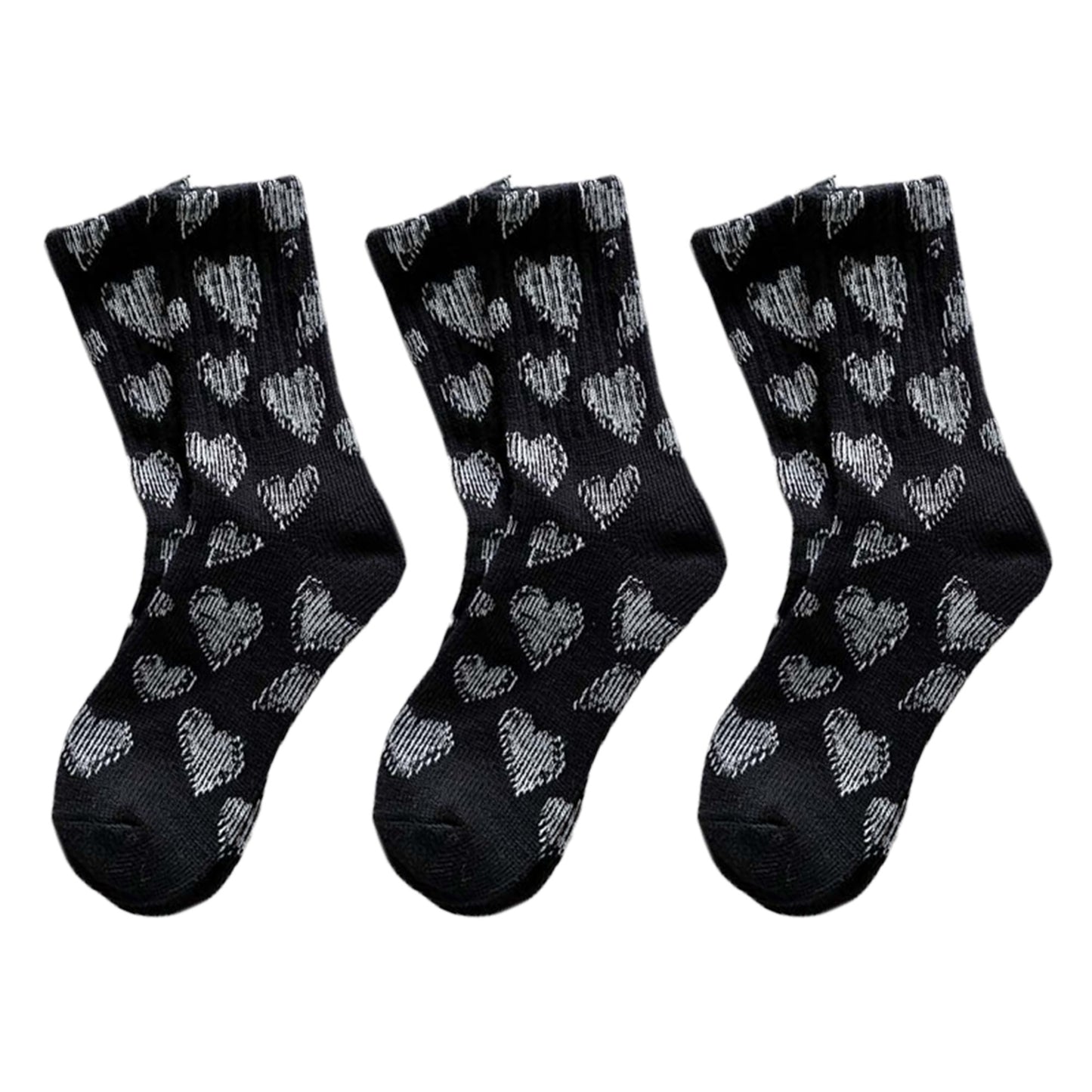 3-Pair Soft Knit Crew Socks Set with Sweet Heart Pattern, Stretch Comfort Ribbed Cuffs, Breathable Fabric and Everyday Essential Design