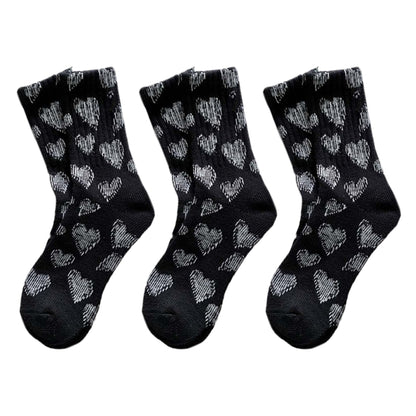 3-Pair Soft Knit Crew Socks Set with Sweet Heart Pattern, Stretch Comfort Ribbed Cuffs, Breathable Fabric and Everyday Essential Design