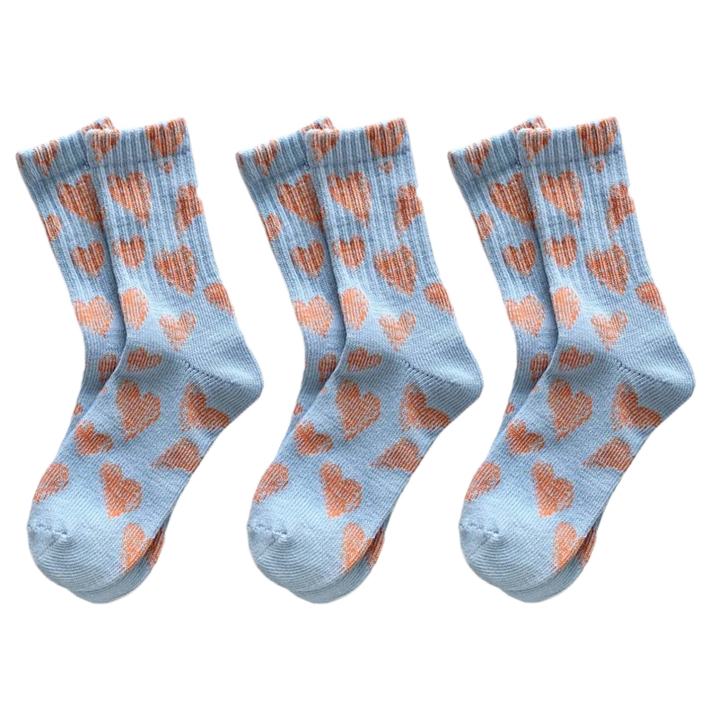3-Pair Soft Knit Crew Socks Set with Sweet Heart Pattern, Stretch Comfort Ribbed Cuffs, Breathable Fabric and Everyday Essential Design