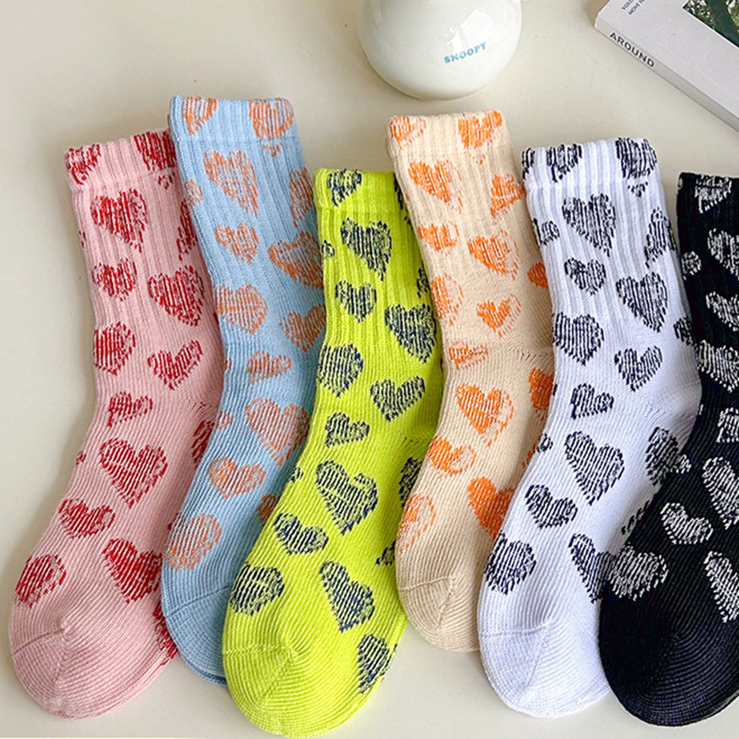 3-Pair Soft Knit Crew Socks Set with Sweet Heart Pattern, Stretch Comfort Ribbed Cuffs, Breathable Fabric and Everyday Essential Design