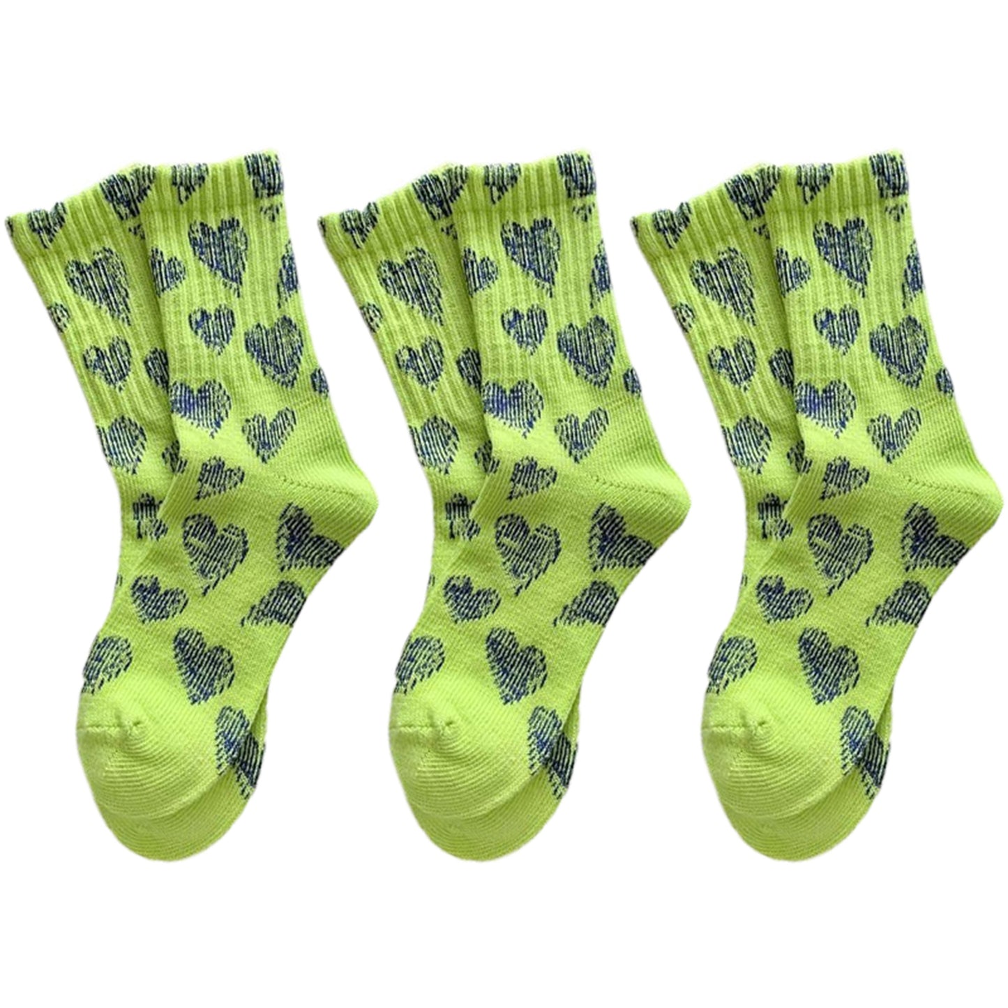 3-Pair Soft Knit Crew Socks Set with Sweet Heart Pattern, Stretch Comfort Ribbed Cuffs, Breathable Fabric and Everyday Essential Design