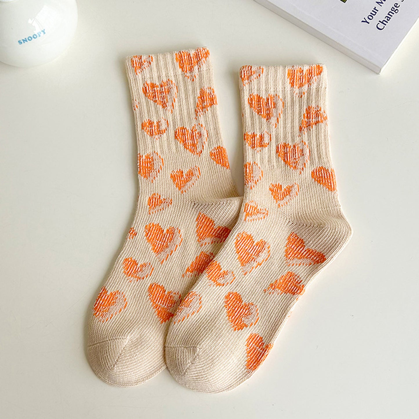 3-Pair Soft Knit Crew Socks Set with Sweet Heart Pattern, Stretch Comfort Ribbed Cuffs, Breathable Fabric and Everyday Essential Design