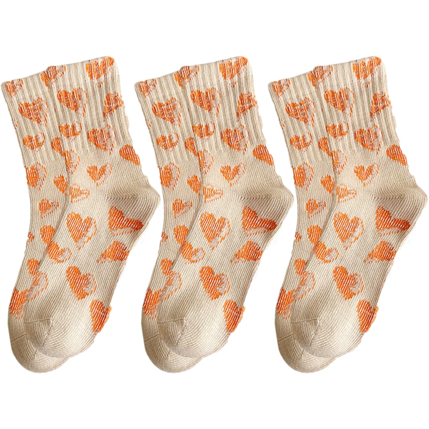 3-Pair Soft Knit Crew Socks Set with Sweet Heart Pattern, Stretch Comfort Ribbed Cuffs, Breathable Fabric and Everyday Essential Design