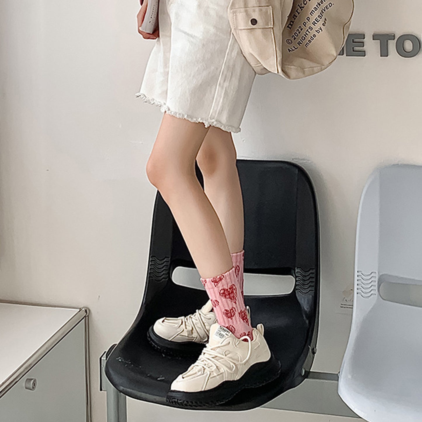 3-Pair Soft Knit Crew Socks Set with Sweet Heart Pattern, Stretch Comfort Ribbed Cuffs, Breathable Fabric and Everyday Essential Design