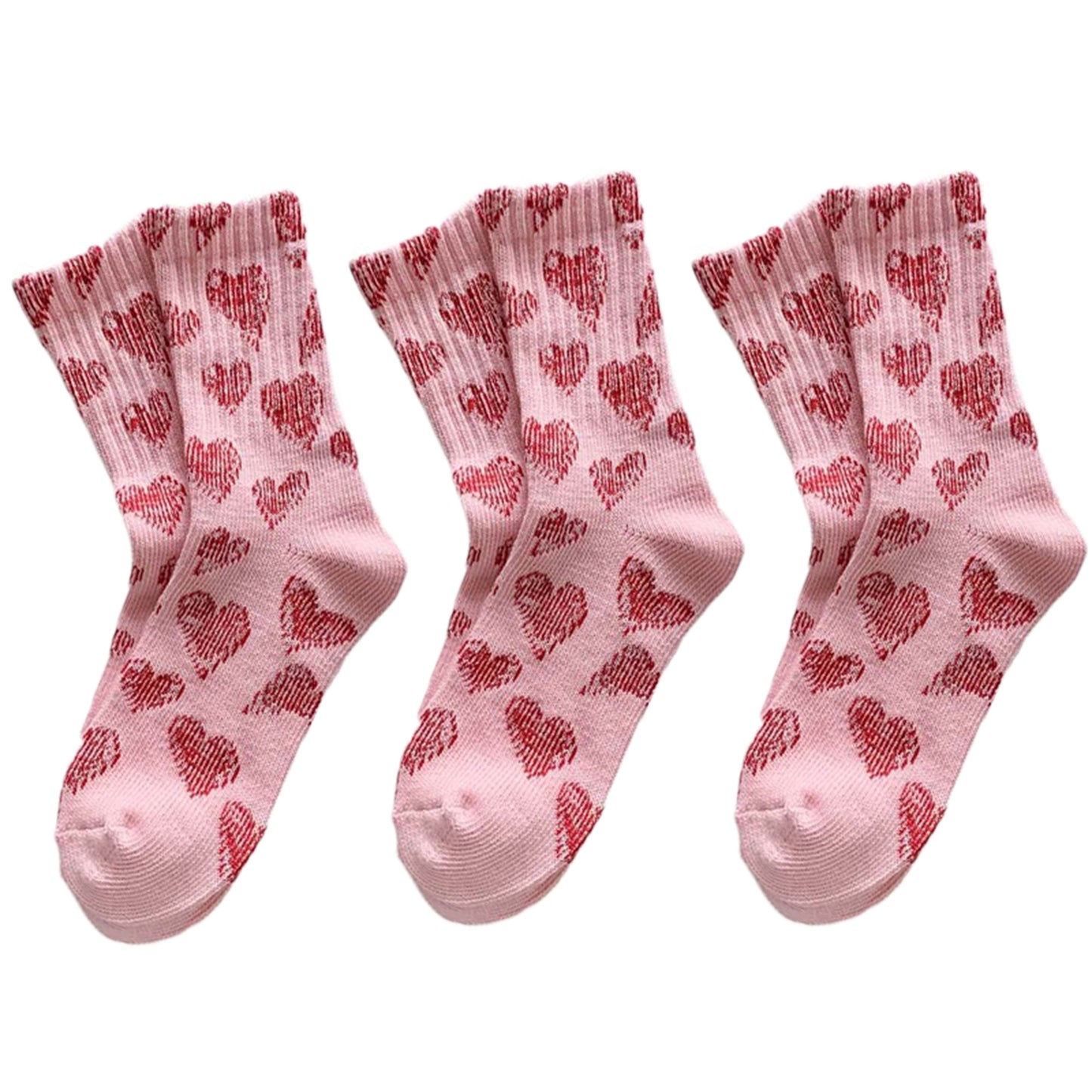 3-Pair Soft Knit Crew Socks Set with Sweet Heart Pattern, Stretch Comfort Ribbed Cuffs, Breathable Fabric and Everyday Essential Design