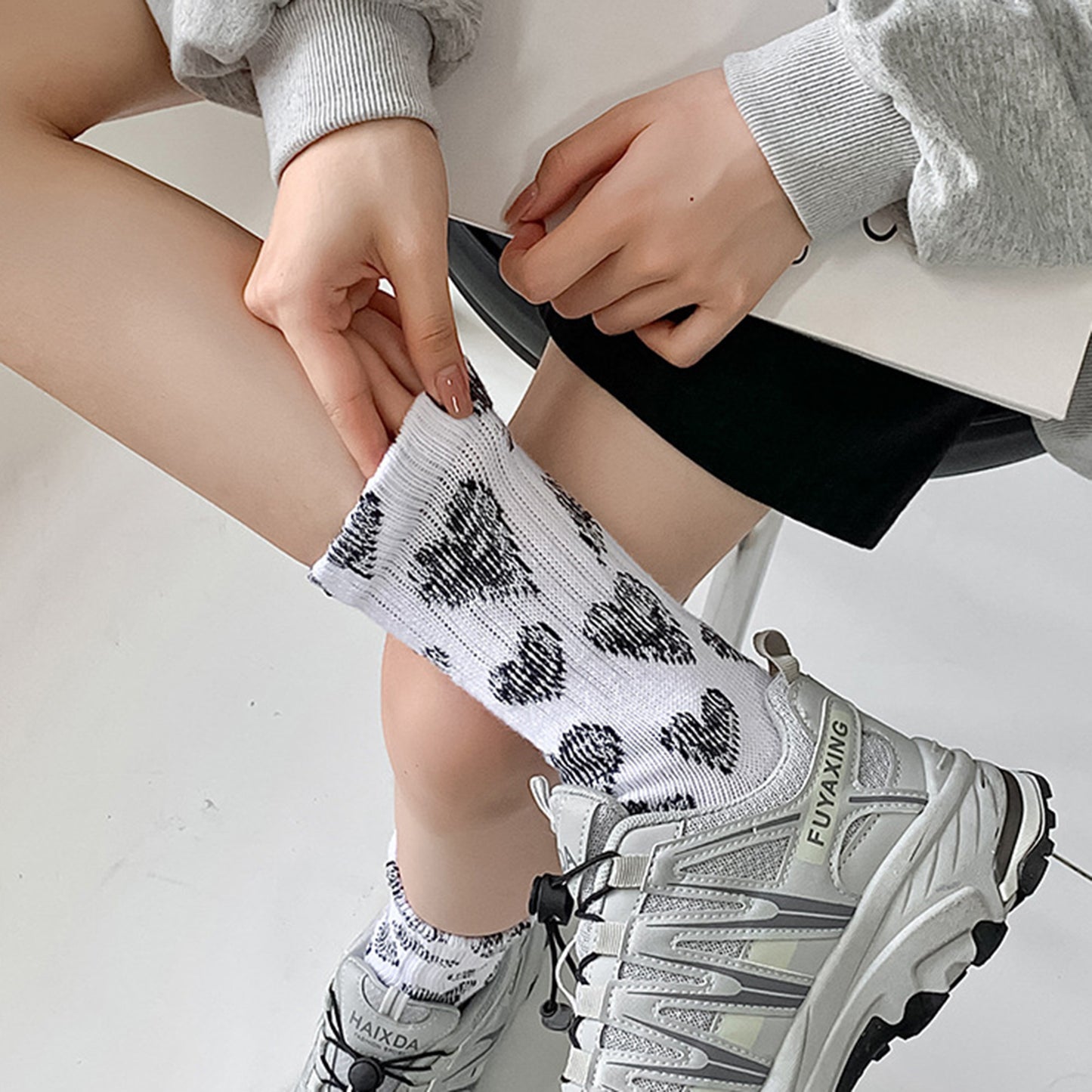 3-Pair Soft Knit Crew Socks Set with Sweet Heart Pattern, Stretch Comfort Ribbed Cuffs, Breathable Fabric and Everyday Essential Design