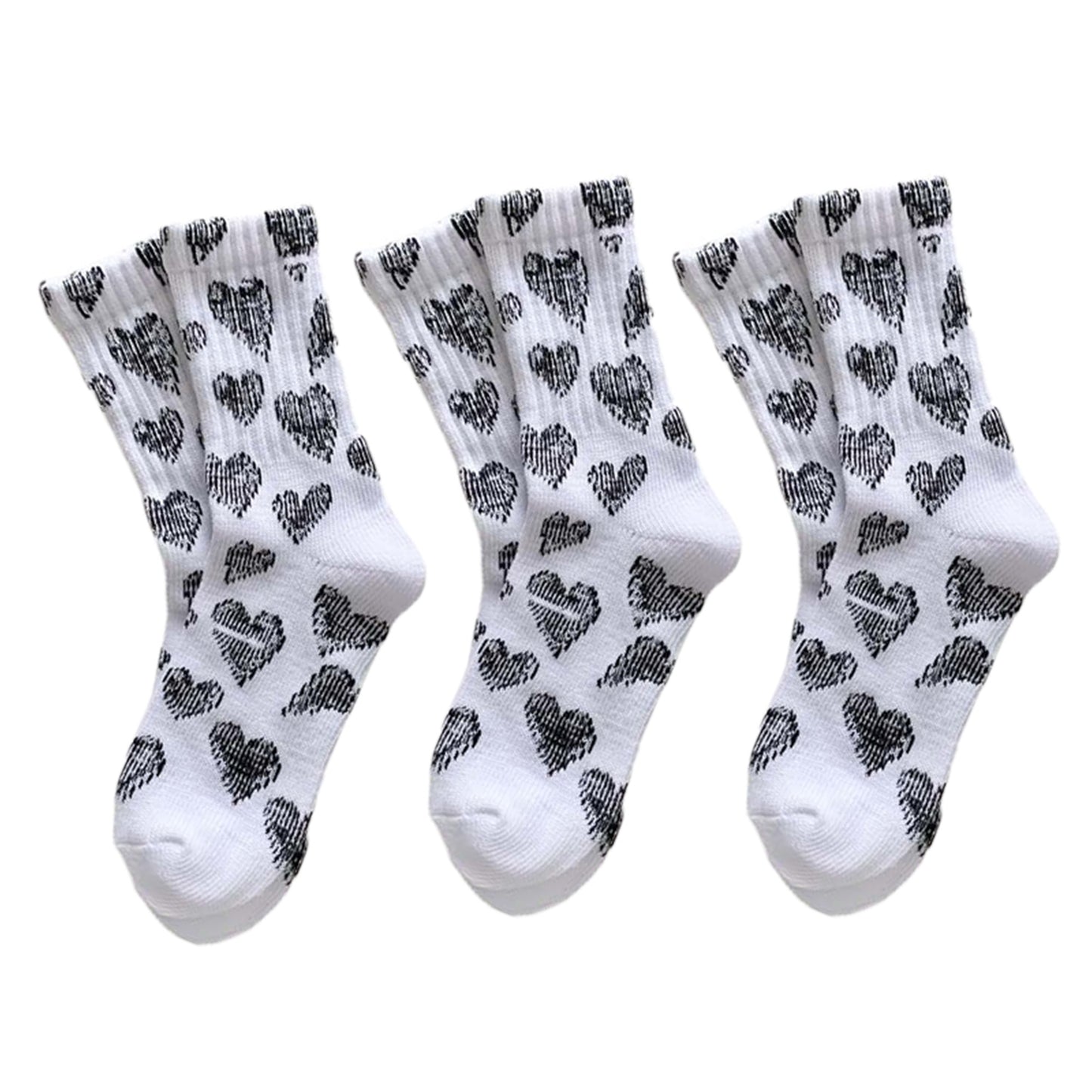 3-Pair Soft Knit Crew Socks Set with Sweet Heart Pattern, Stretch Comfort Ribbed Cuffs, Breathable Fabric and Everyday Essential Design