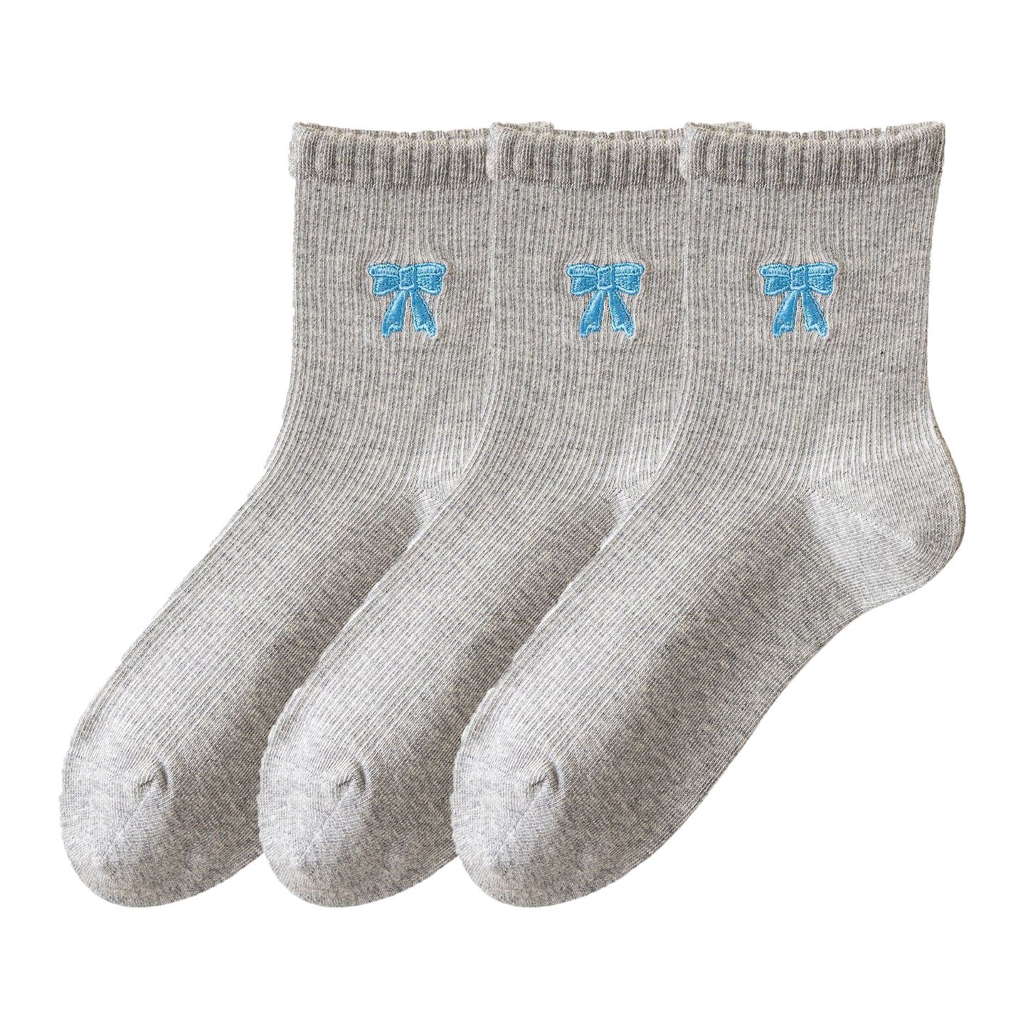 3-Pair Soft Knit Ankle Socks with Ribbed Texture, Embroidered Bow Detail, Smooth Seam Construction and Comfortable Everyday Stretch Fit