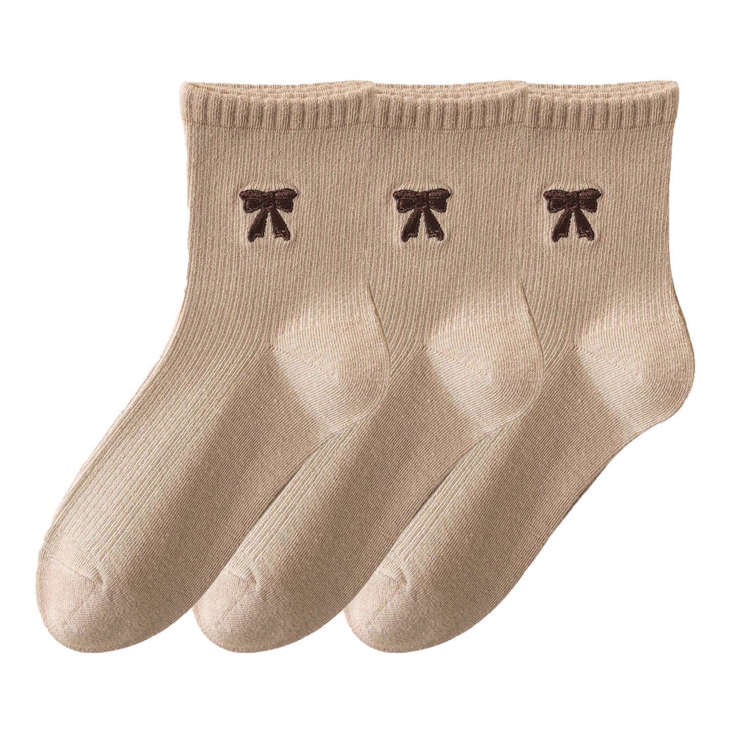 3-Pair Soft Knit Ankle Socks with Ribbed Texture, Embroidered Bow Detail, Smooth Seam Construction and Comfortable Everyday Stretch Fit