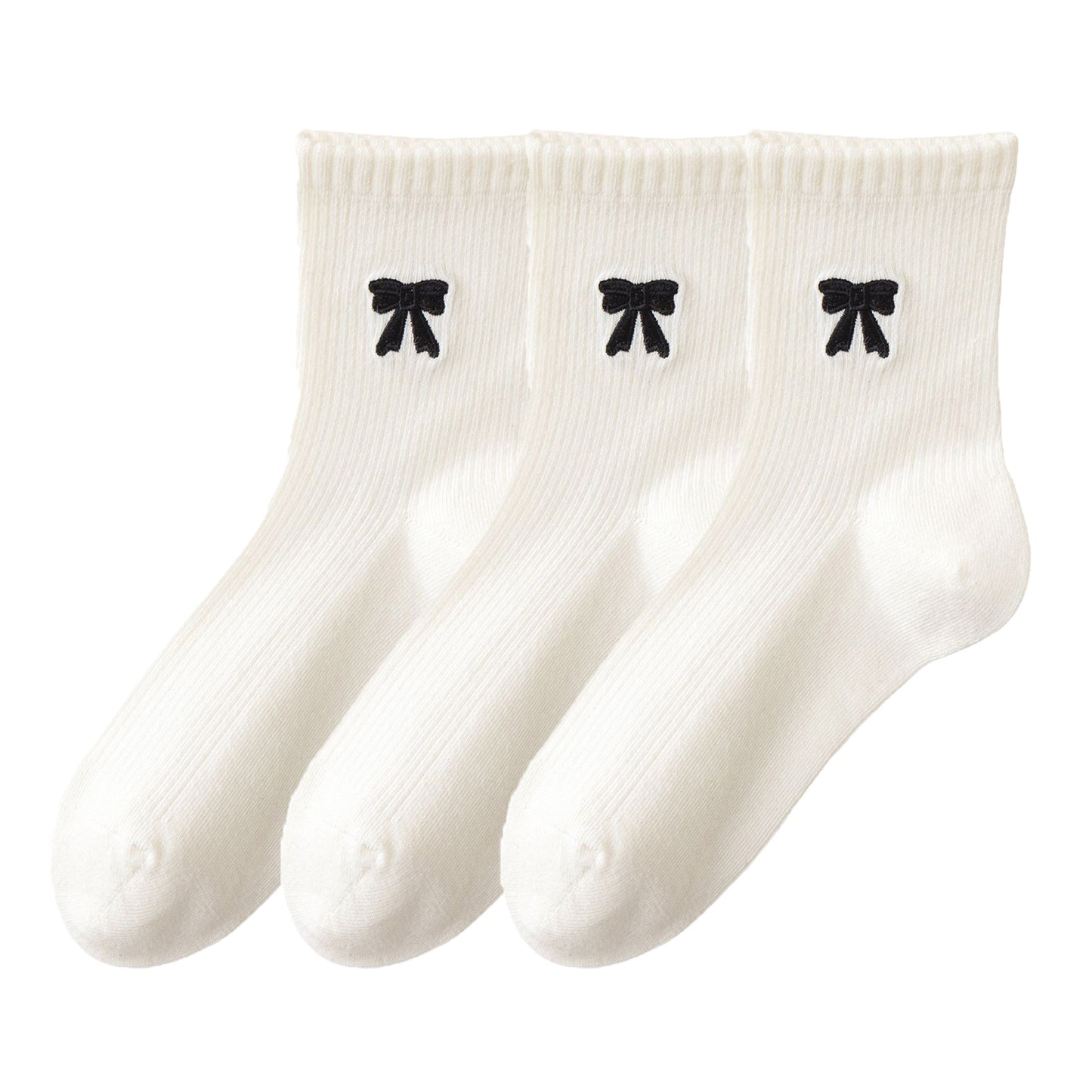 3-Pair Soft Knit Ankle Socks with Ribbed Texture, Embroidered Bow Detail, Smooth Seam Construction and Comfortable Everyday Stretch Fit