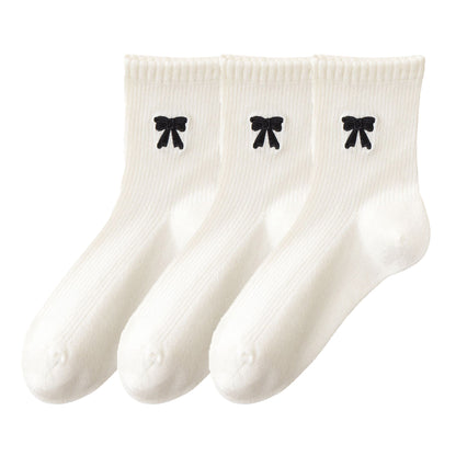 3-Pair Soft Knit Ankle Socks with Ribbed Texture, Embroidered Bow Detail, Smooth Seam Construction and Comfortable Everyday Stretch Fit