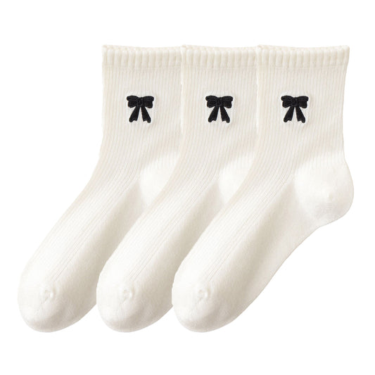 3-Pair Soft Knit Ankle Socks with Ribbed Texture, Embroidered Bow Detail, Smooth Seam Construction and Comfortable Everyday Stretch Fit