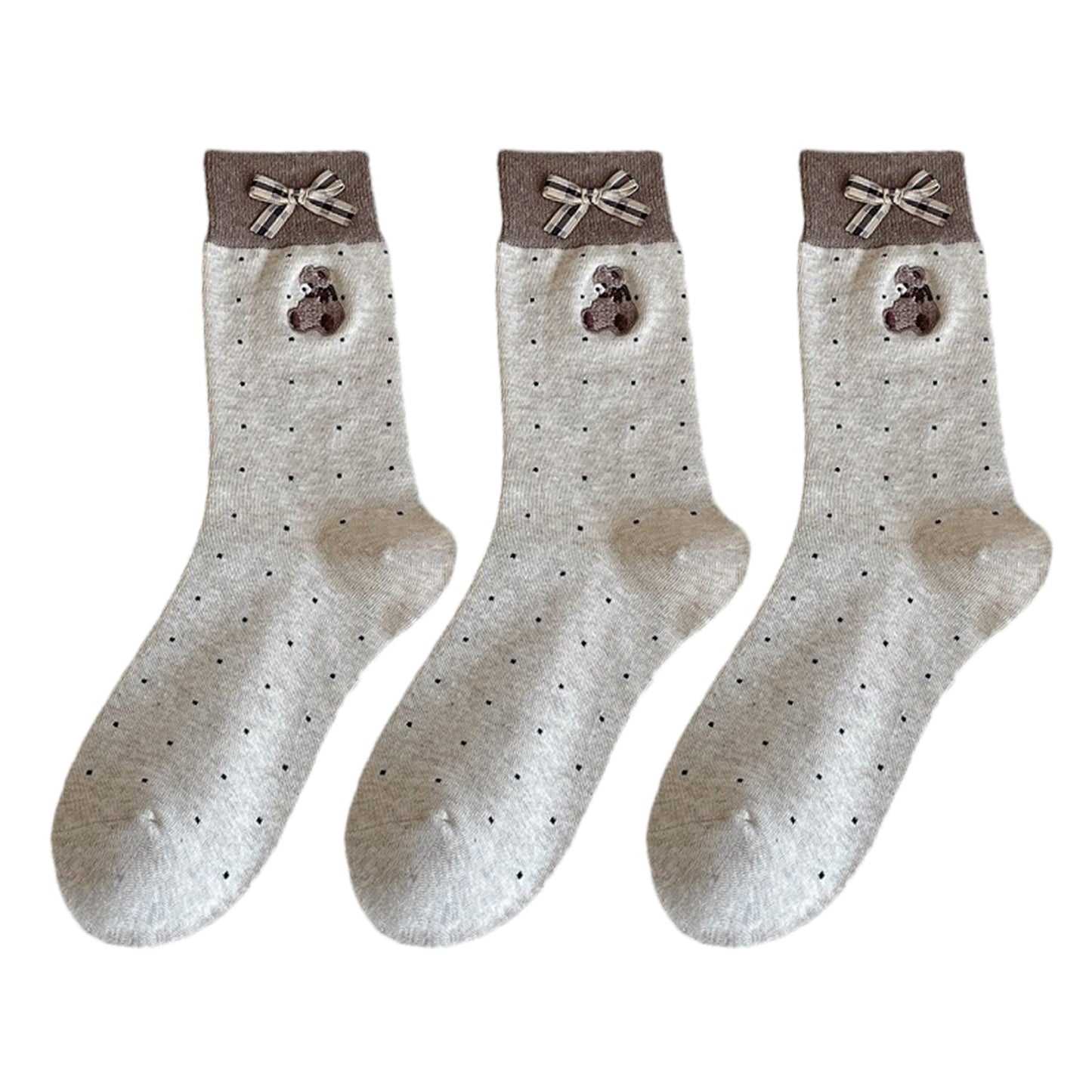 3-Pair Soft Knit Crew Socks with Tiny Dot Pattern, Embroidered Bear Detail, Decorative Ribbon Bow Trim and Smooth Comfortable Stretch Fit