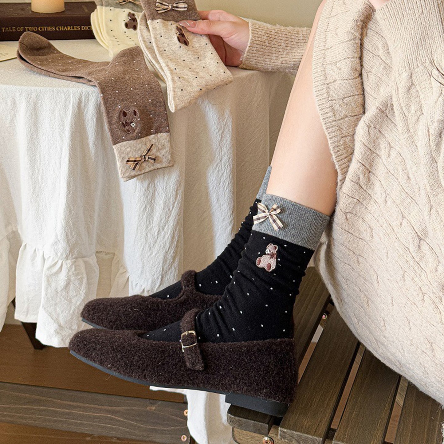 3-Pair Soft Knit Crew Socks with Tiny Dot Pattern, Embroidered Bear Detail, Decorative Ribbon Bow Trim and Smooth Comfortable Stretch Fit