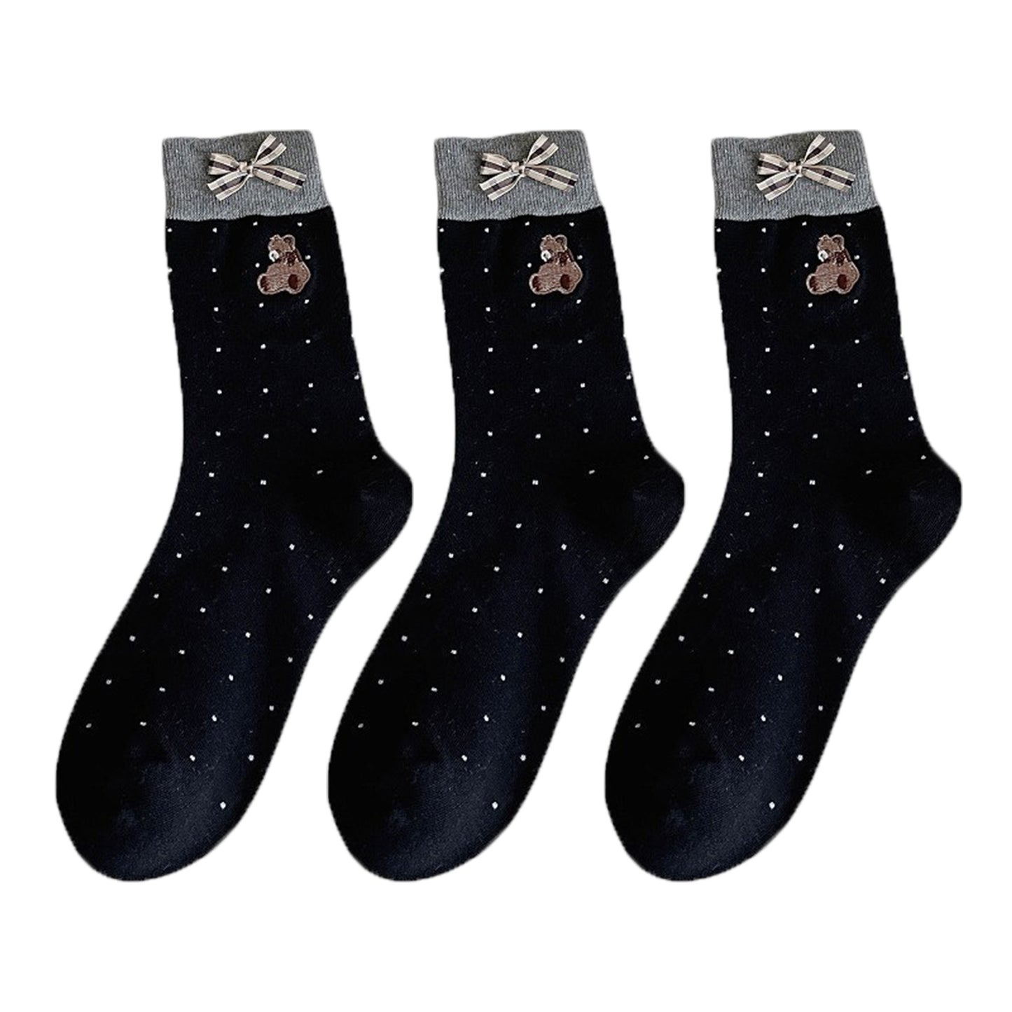 3-Pair Soft Knit Crew Socks with Tiny Dot Pattern, Embroidered Bear Detail, Decorative Ribbon Bow Trim and Smooth Comfortable Stretch Fit