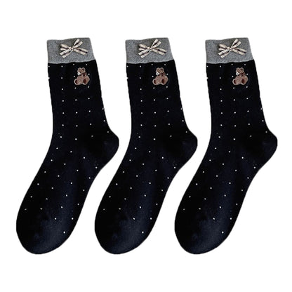 3-Pair Soft Knit Crew Socks with Tiny Dot Pattern, Embroidered Bear Detail, Decorative Ribbon Bow Trim and Smooth Comfortable Stretch Fit