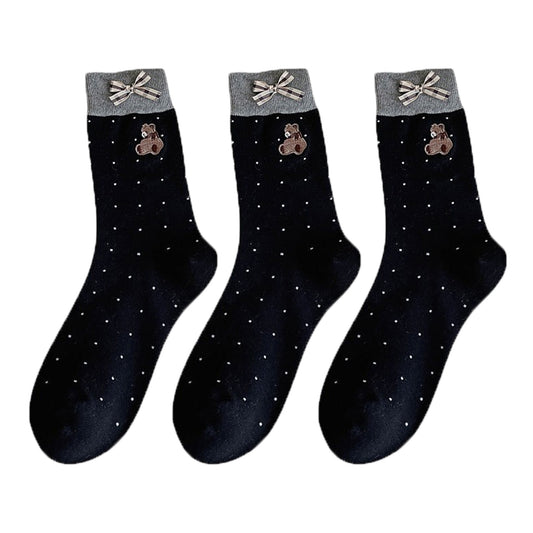 3-Pair Soft Knit Crew Socks with Tiny Dot Pattern, Embroidered Bear Detail, Decorative Ribbon Bow Trim and Smooth Comfortable Stretch Fit