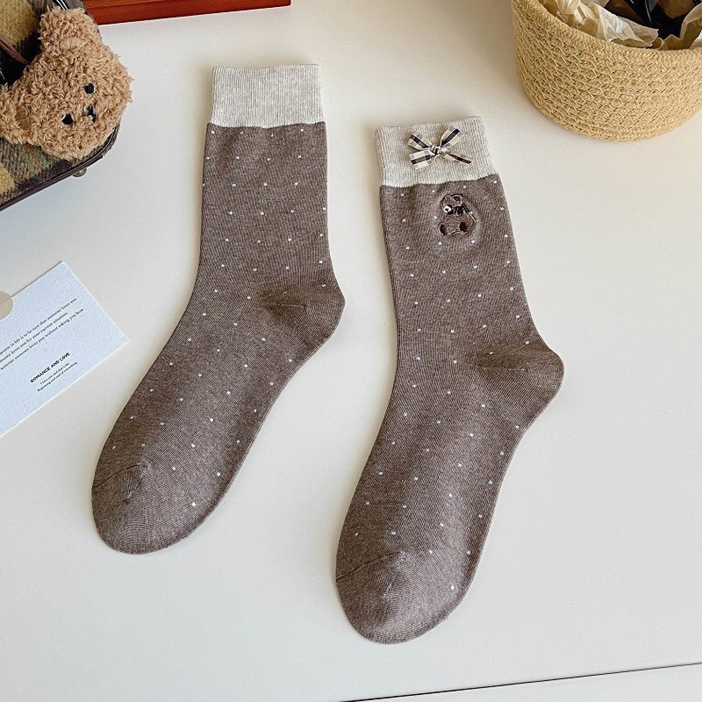 3-Pair Soft Knit Crew Socks with Tiny Dot Pattern, Embroidered Bear Detail, Decorative Ribbon Bow Trim and Smooth Comfortable Stretch Fit