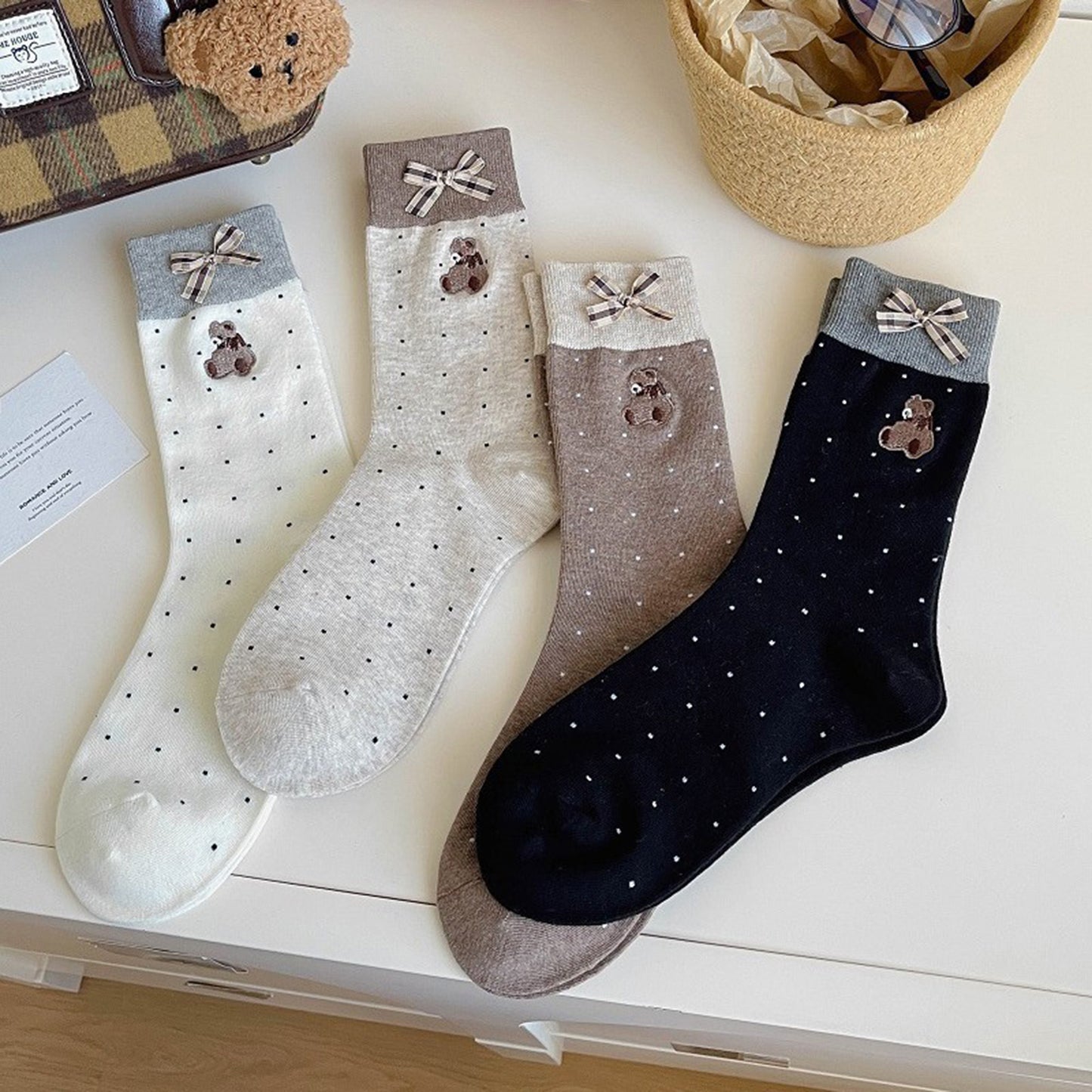3-Pair Soft Knit Crew Socks with Tiny Dot Pattern, Embroidered Bear Detail, Decorative Ribbon Bow Trim and Smooth Comfortable Stretch Fit
