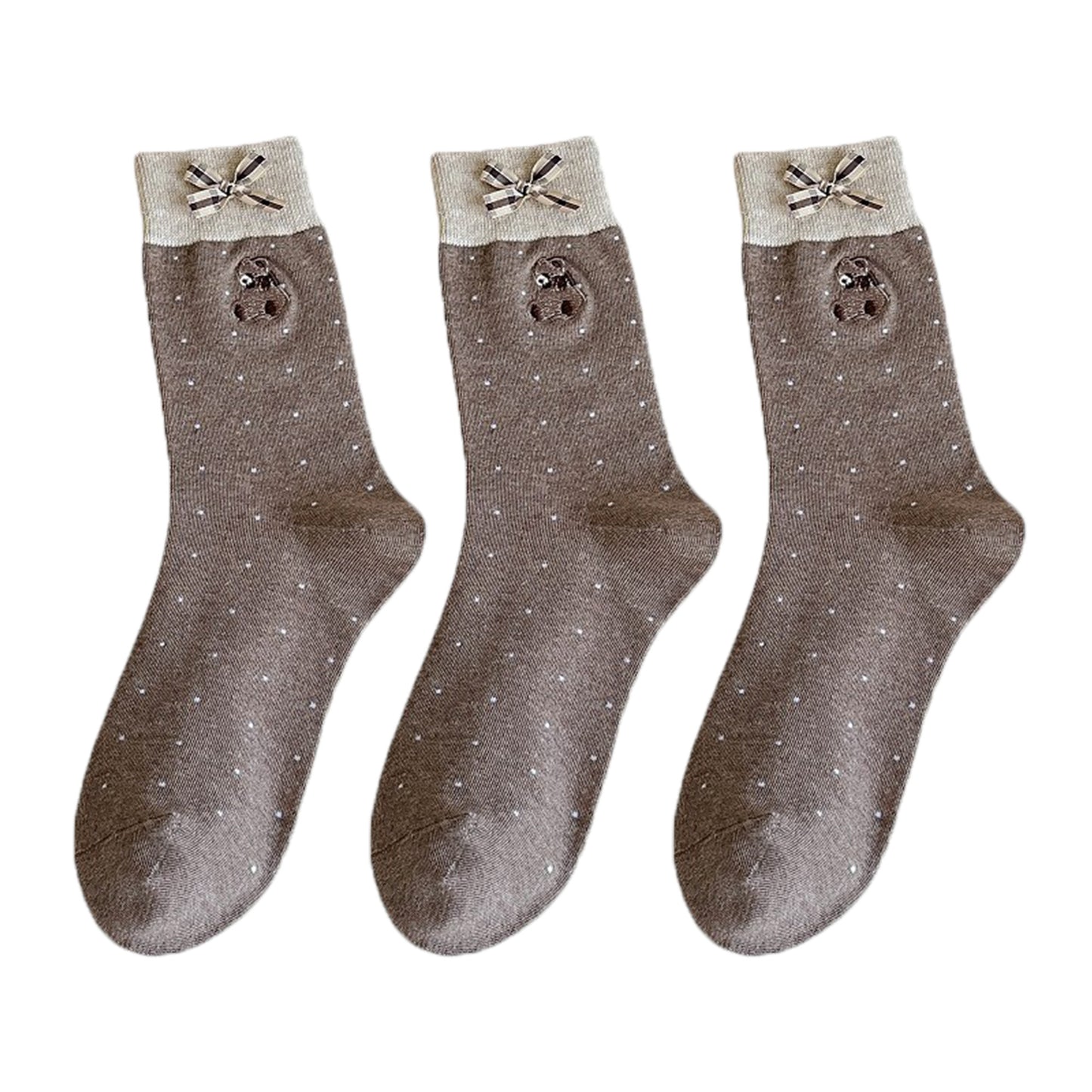 3-Pair Soft Knit Crew Socks with Tiny Dot Pattern, Embroidered Bear Detail, Decorative Ribbon Bow Trim and Smooth Comfortable Stretch Fit