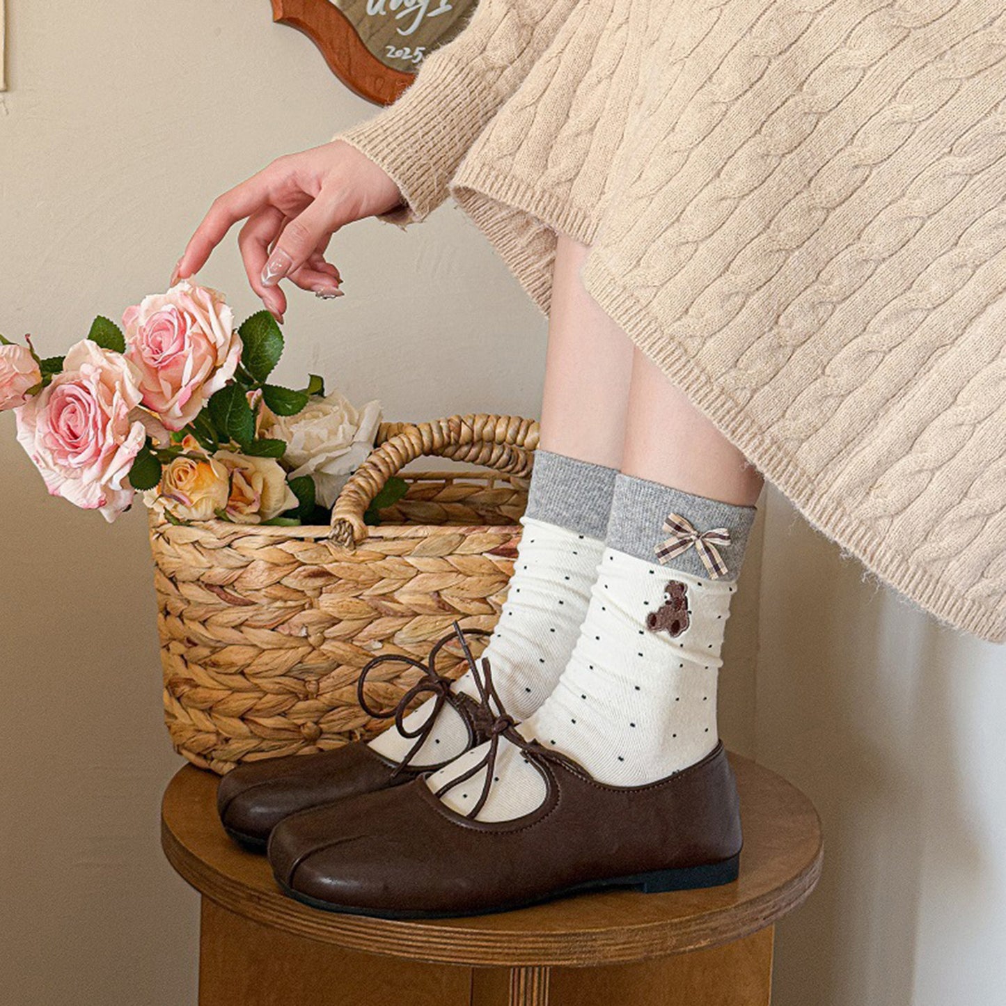 3-Pair Soft Knit Crew Socks with Tiny Dot Pattern, Embroidered Bear Detail, Decorative Ribbon Bow Trim and Smooth Comfortable Stretch Fit