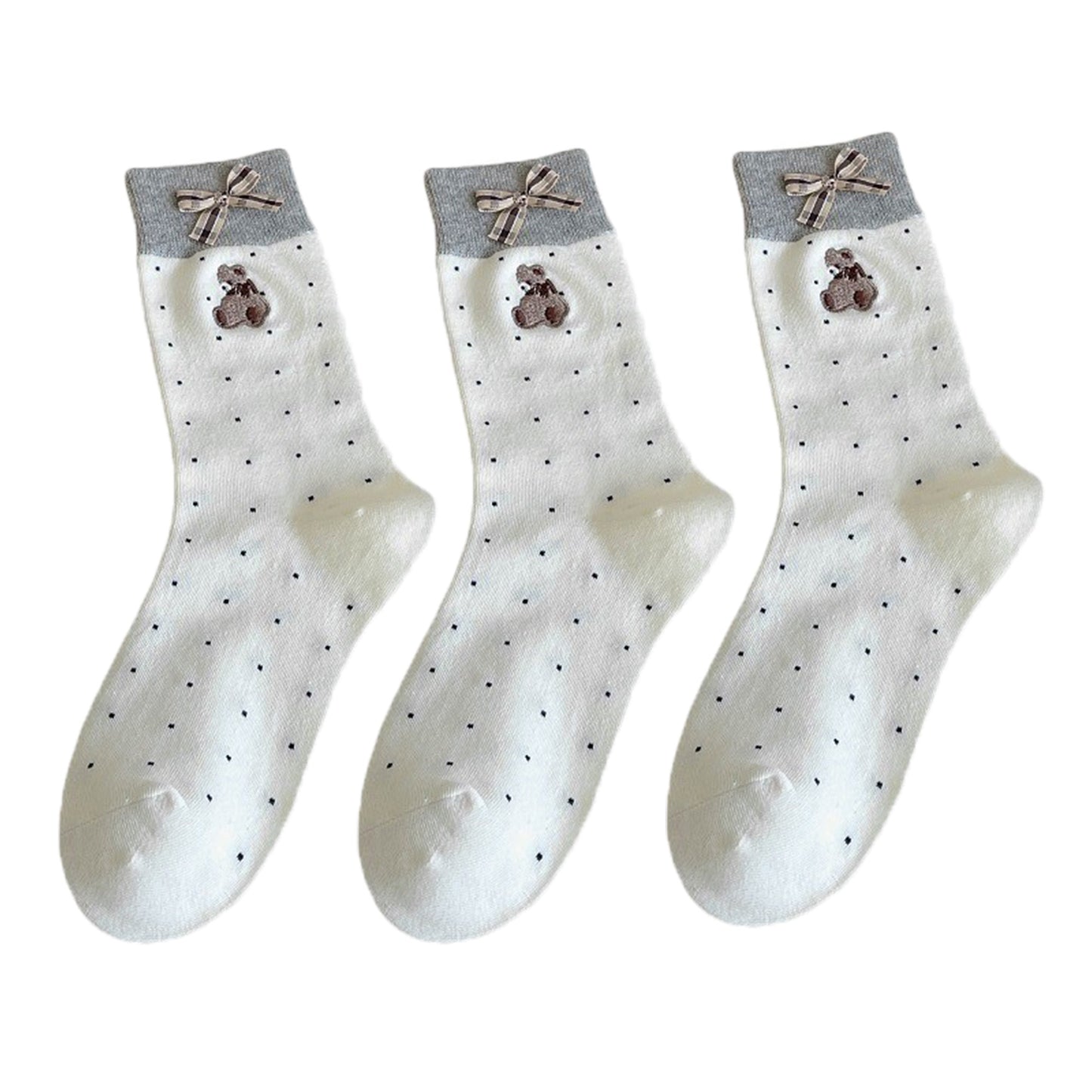 3-Pair Soft Knit Crew Socks with Tiny Dot Pattern, Embroidered Bear Detail, Decorative Ribbon Bow Trim and Smooth Comfortable Stretch Fit
