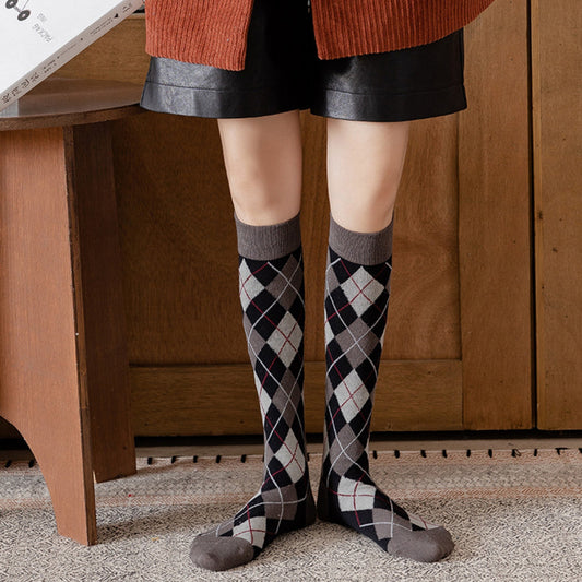 2-Piece Set Classic Argyle Knit Crew Socks with Soft Stretch Ribbed Cuffs