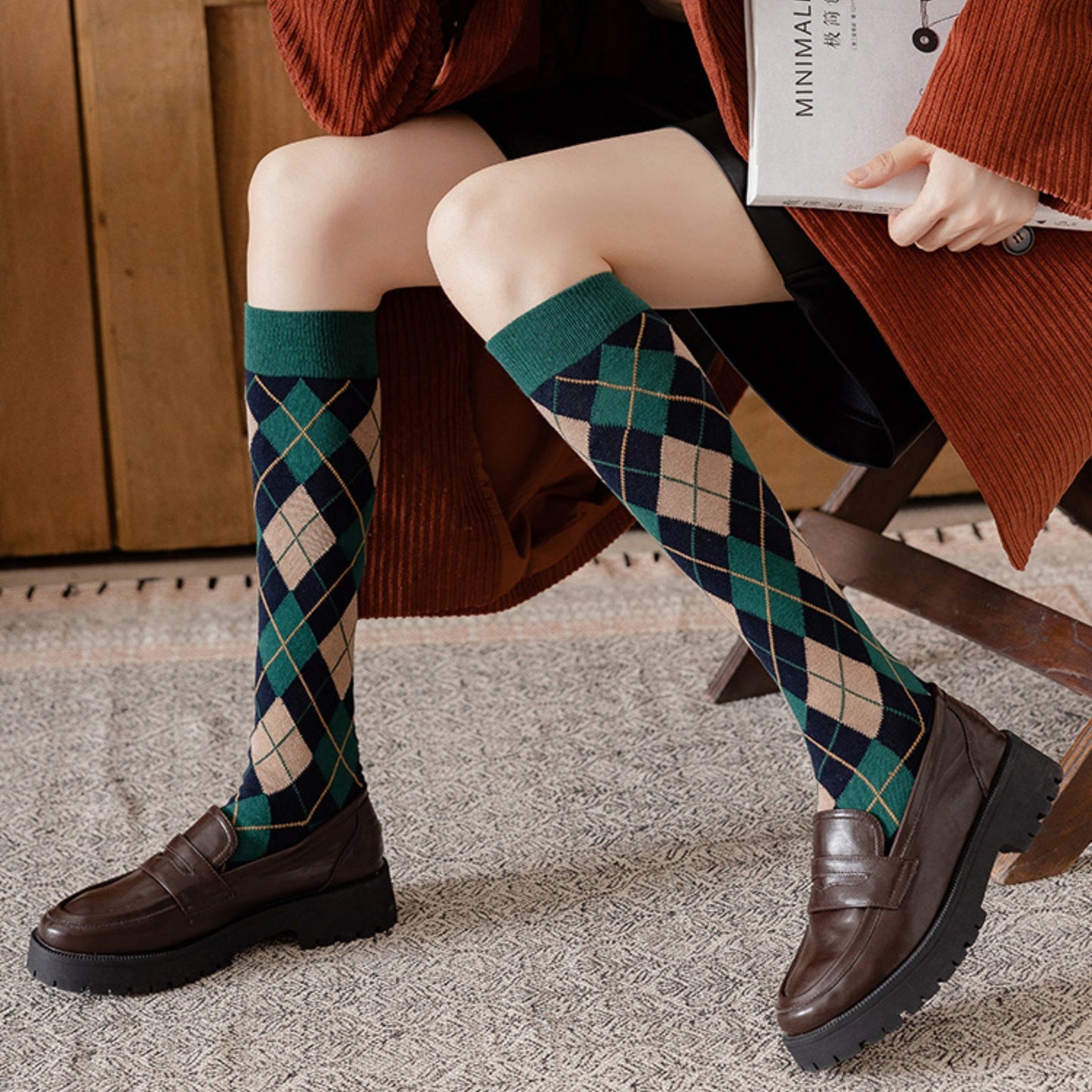 2-Piece Set Classic Argyle Knit Crew Socks with Soft Stretch Ribbed Cuffs