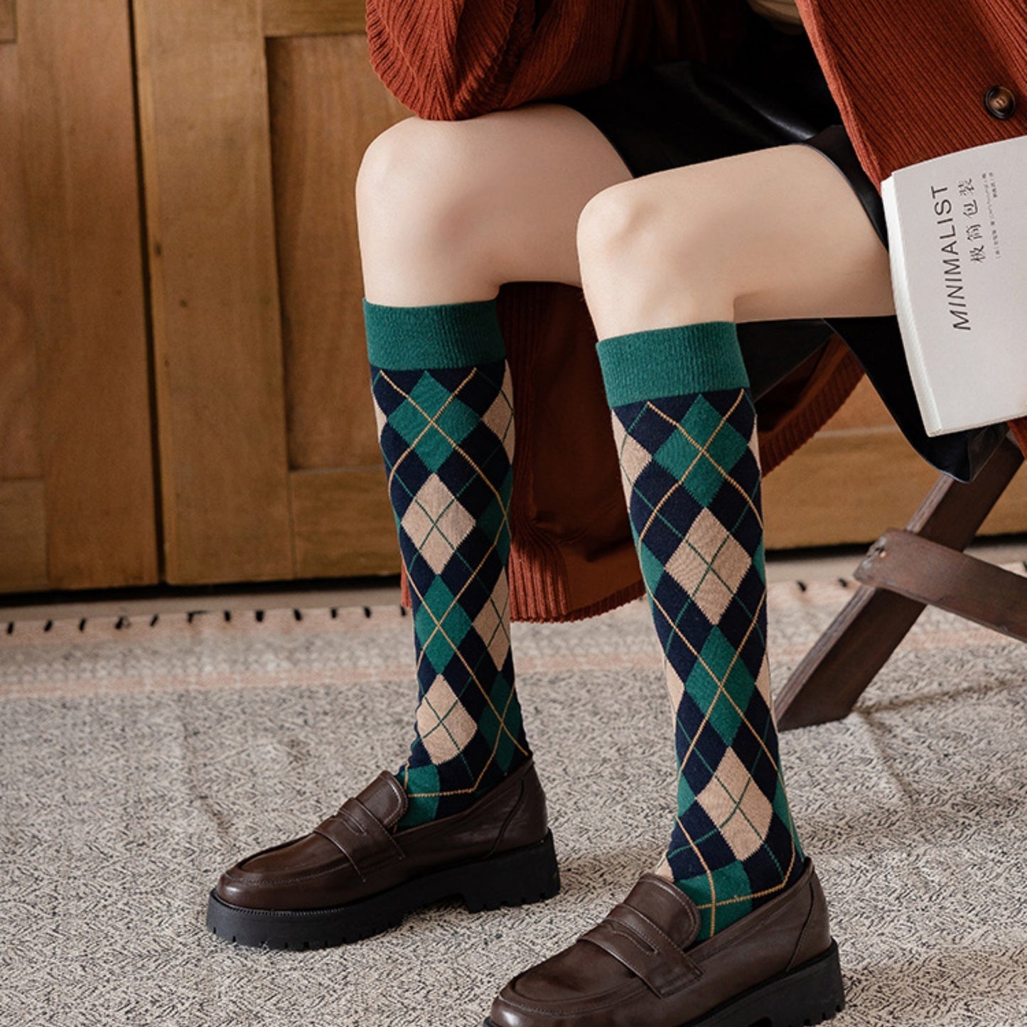 2-Piece Set Classic Argyle Knit Crew Socks with Soft Stretch Ribbed Cuffs
