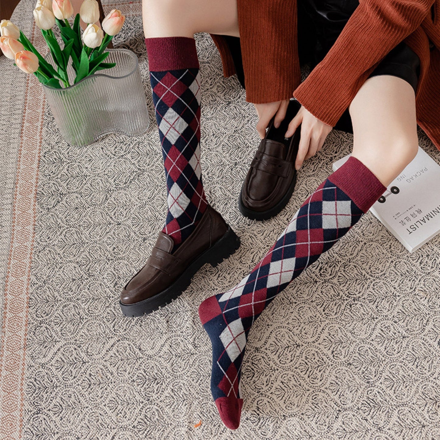 2-Piece Set Classic Argyle Knit Crew Socks with Soft Stretch Ribbed Cuffs