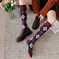 2-Piece Set Classic Argyle Knit Crew Socks with Soft Stretch Ribbed Cuffs