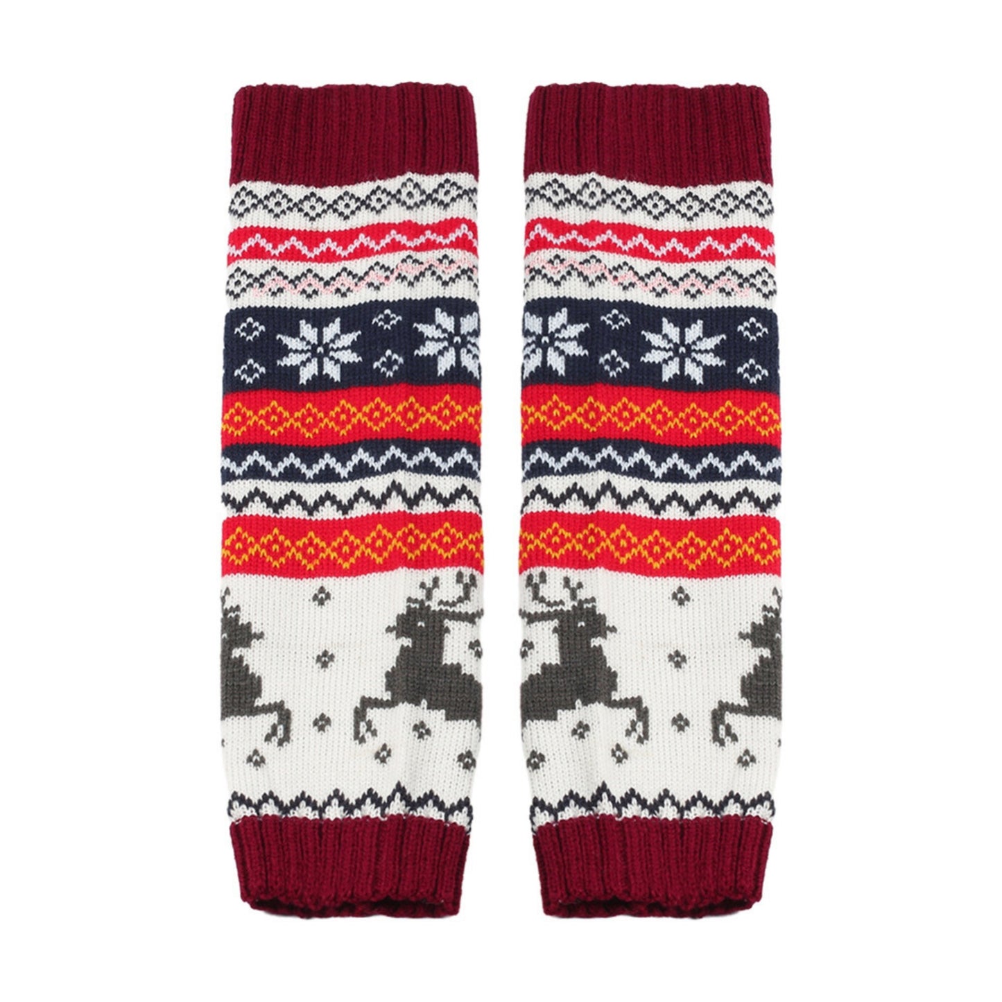 Knit Leg Warmers with Reindeer and Snowflake Pattern 15.5x5in