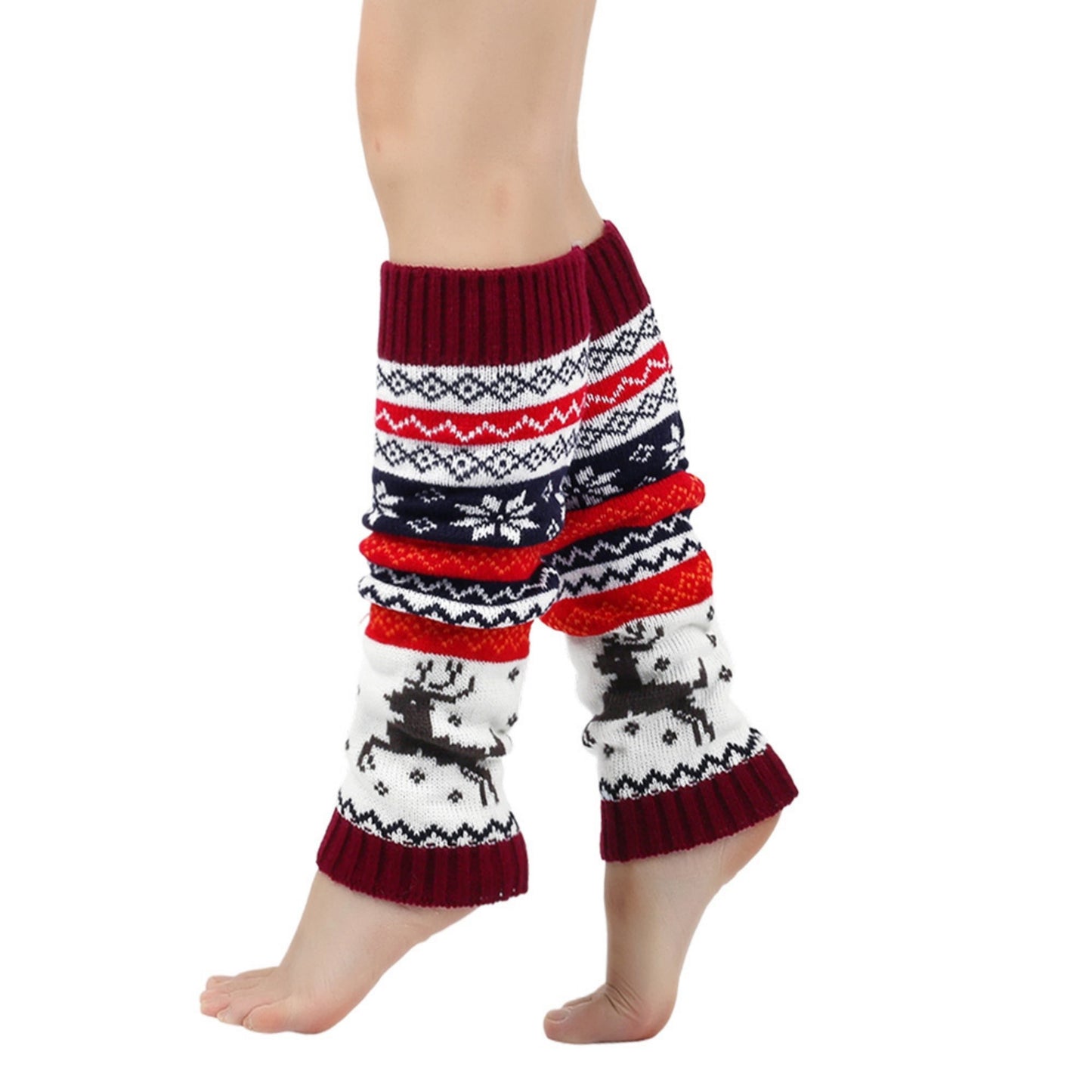 Knit Leg Warmers with Reindeer and Snowflake Pattern 15.5x5in