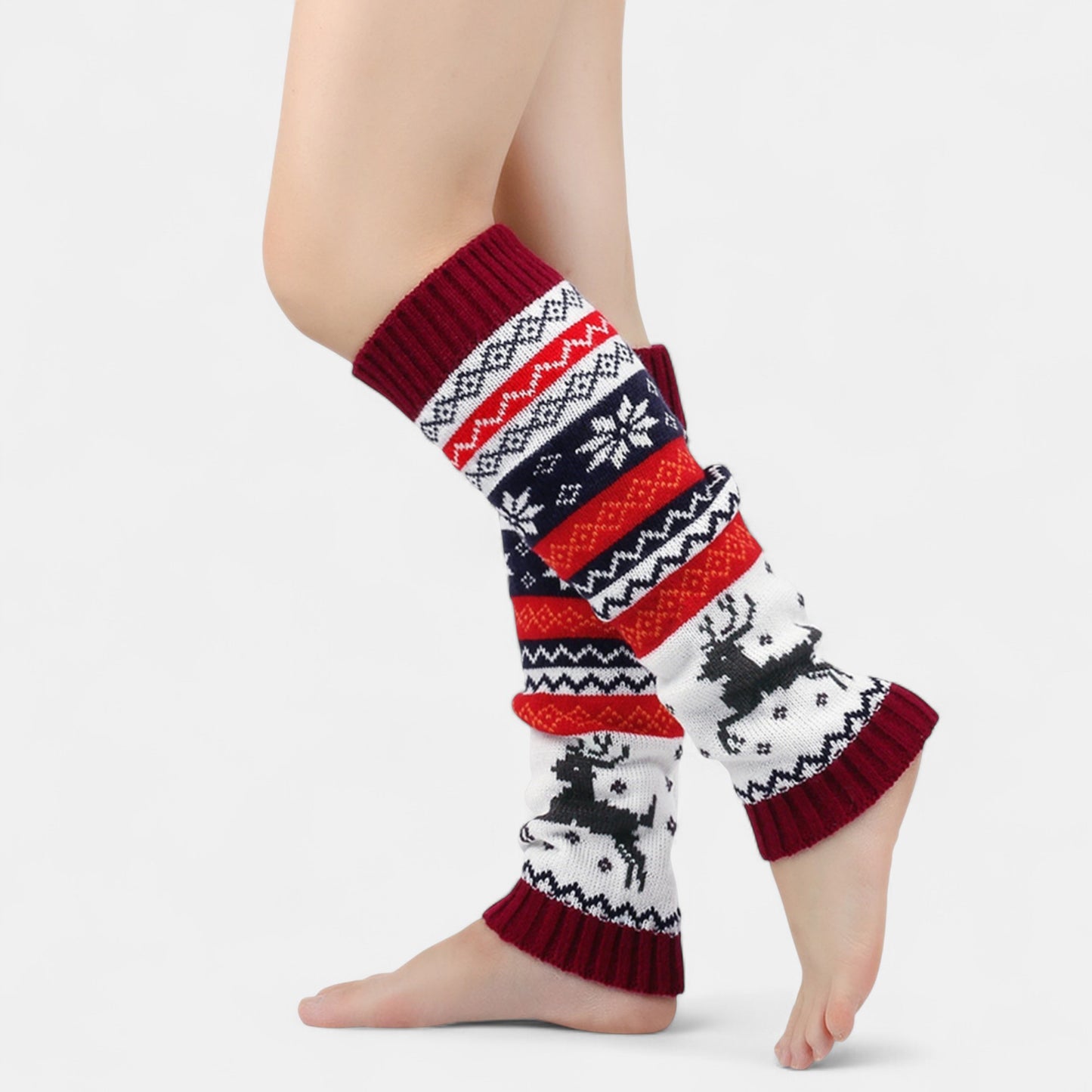 Knit Leg Warmers with Reindeer and Snowflake Pattern 15.5x5in