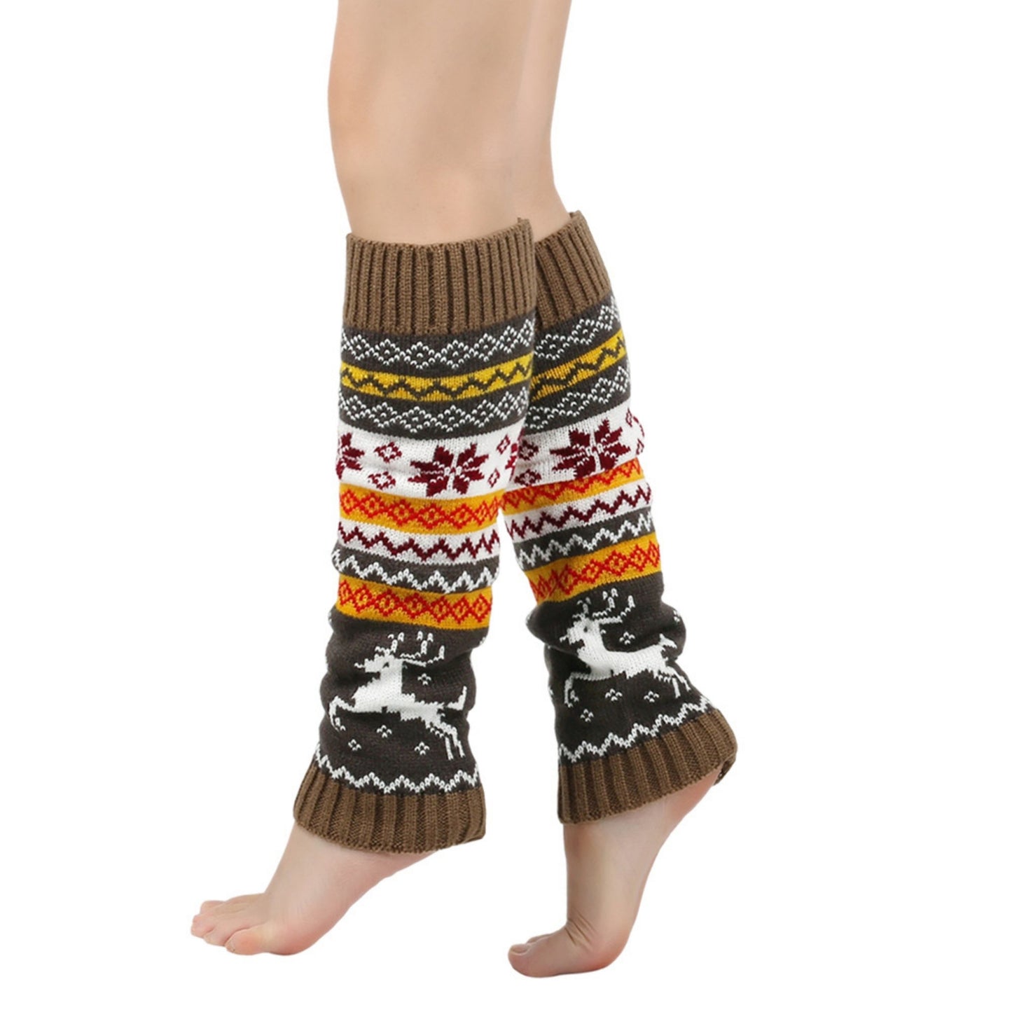 Knit Leg Warmers with Reindeer and Snowflake Pattern 15.5x5in