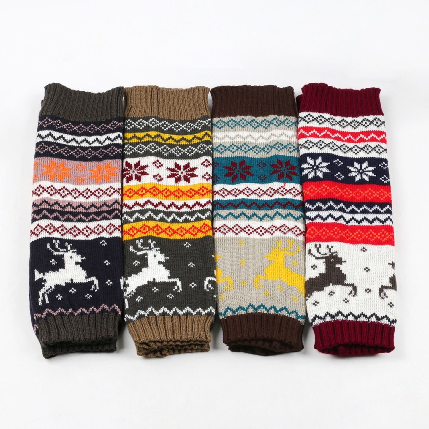 Knit Leg Warmers with Reindeer and Snowflake Pattern 15.5x5in