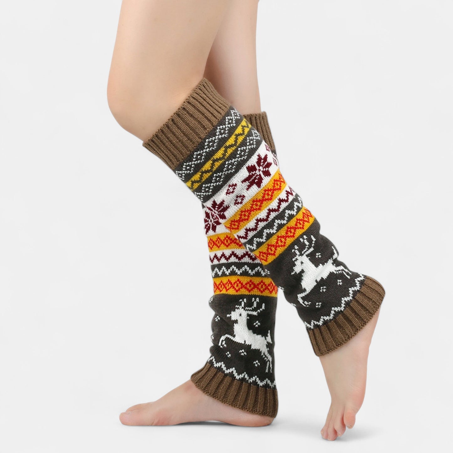 Knit Leg Warmers with Reindeer and Snowflake Pattern 15.5x5in