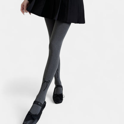 Solid Knit Tights with Embroidered Bow Detail