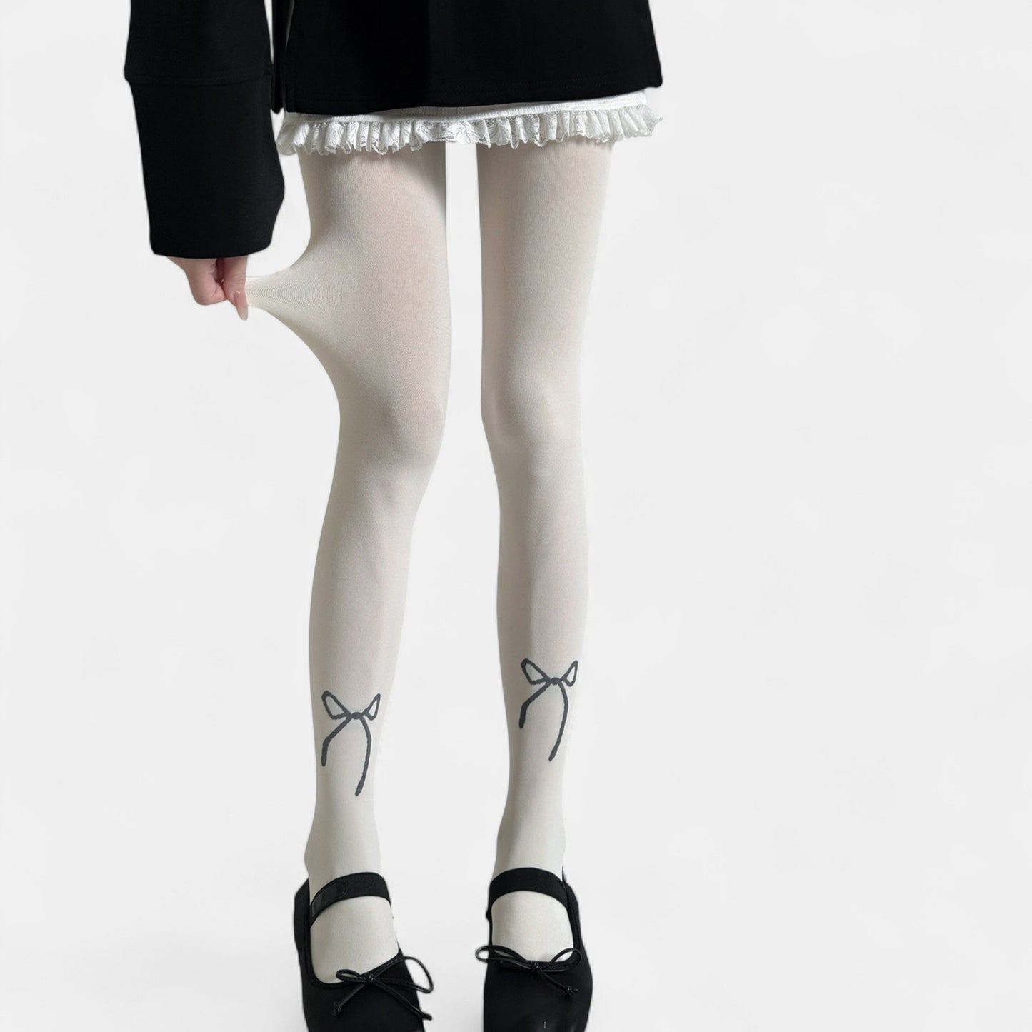 Solid Knit Tights with Embroidered Bow Detail
