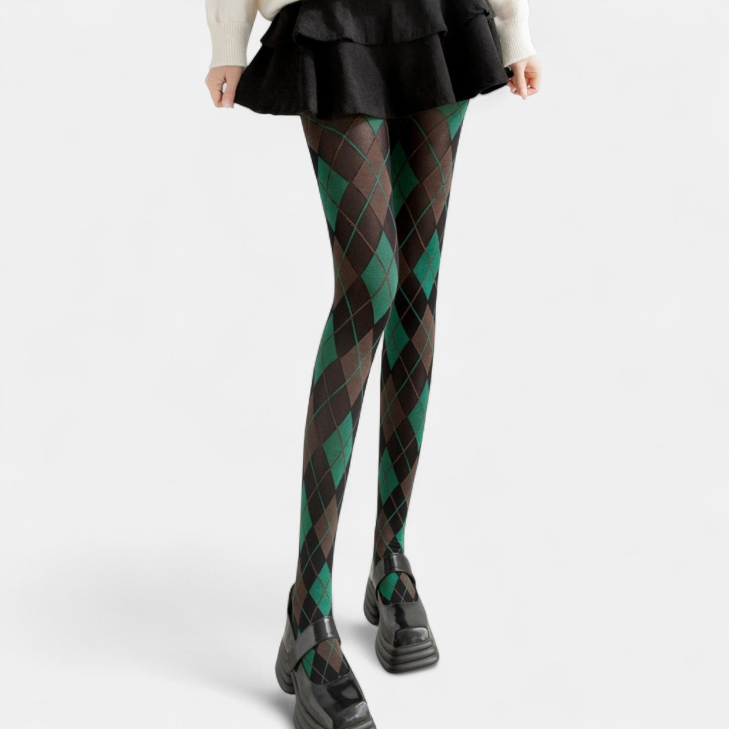Classic Argyle Pattern Knit Tights with Stretch Fit