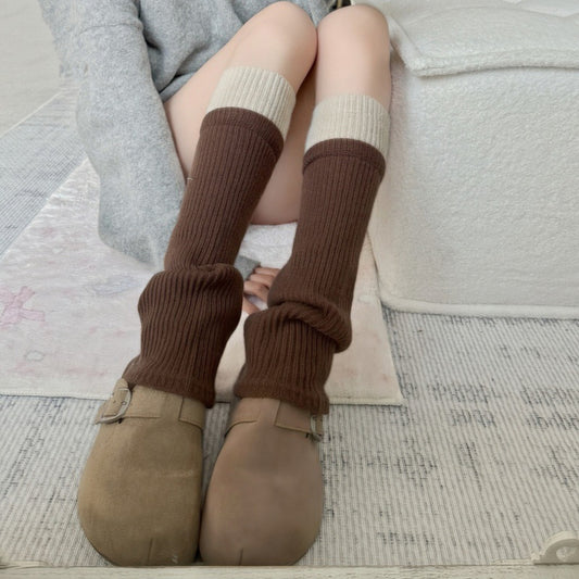 Two-Tone Ribbed Knit Leg Warmers with Contrast Cuff Detail