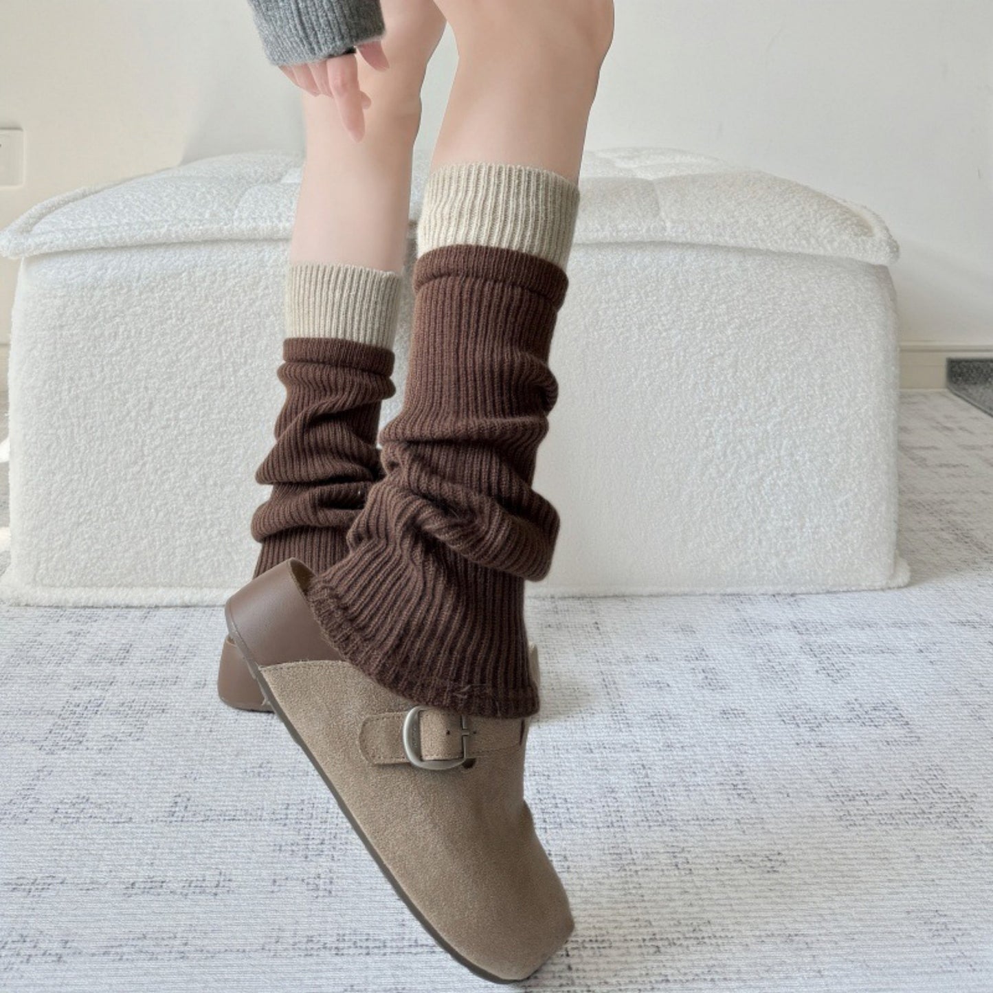 Two-Tone Ribbed Knit Leg Warmers with Contrast Cuff Detail