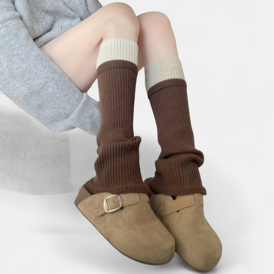 Two-Tone Ribbed Knit Leg Warmers with Contrast Cuff Detail