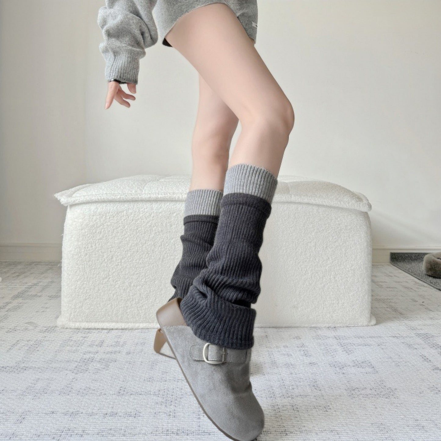 Two-Tone Ribbed Knit Leg Warmers with Contrast Cuff Detail