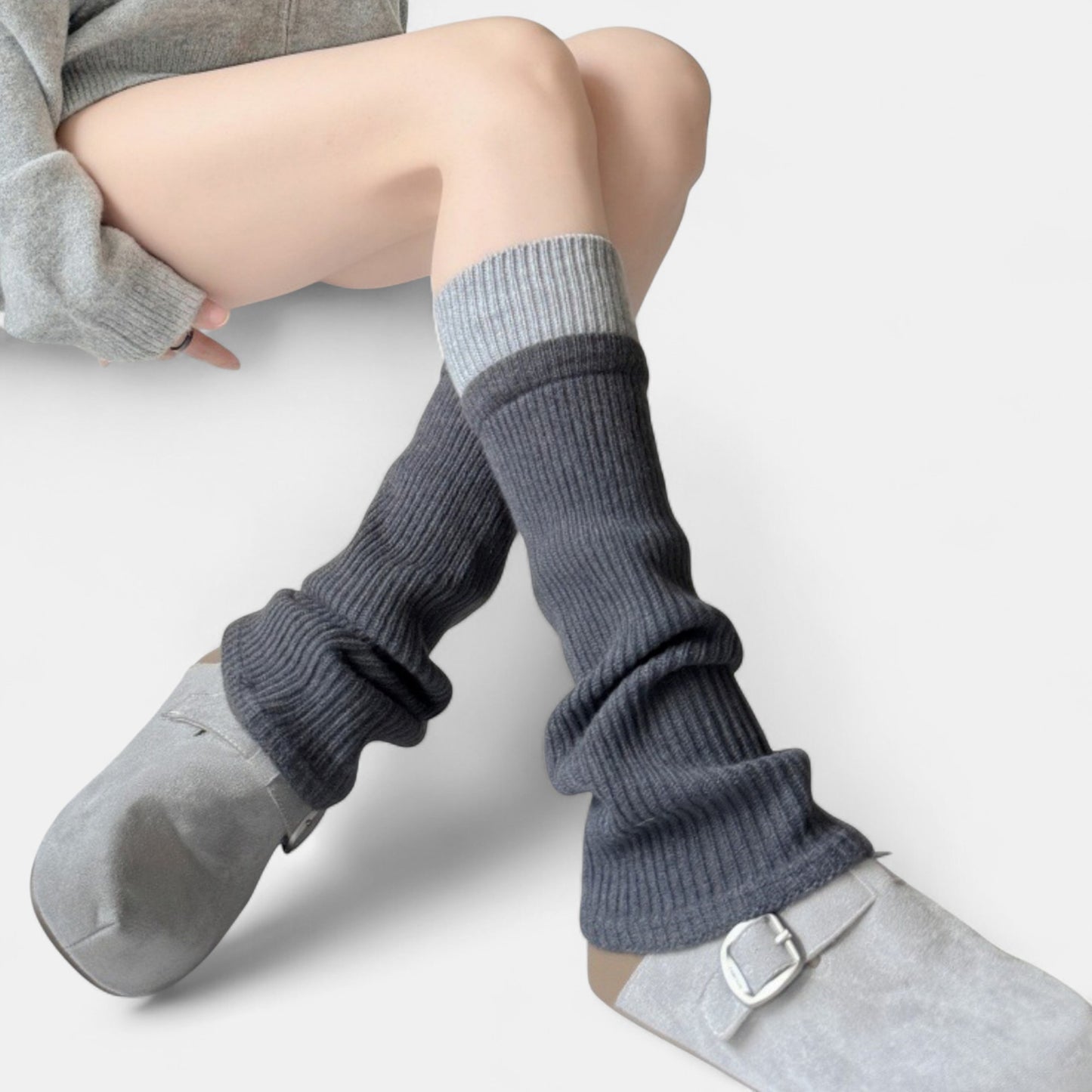 Two-Tone Ribbed Knit Leg Warmers with Contrast Cuff Detail
