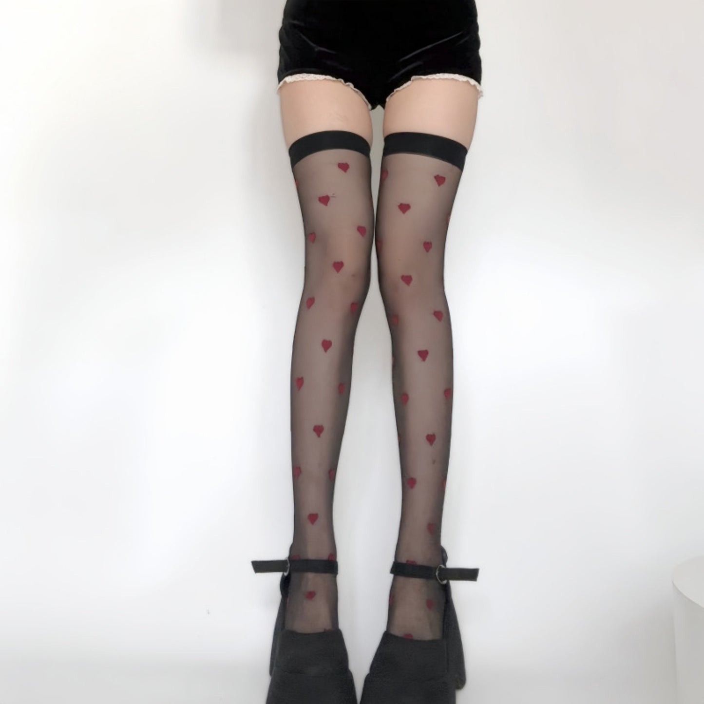 Sheer Over-the-Knee Heart Pattern Mesh Stockings with Elastic Band