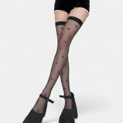 Sheer Over-the-Knee Heart Pattern Mesh Stockings with Elastic Band