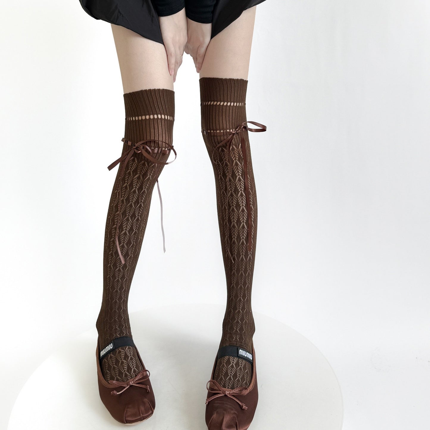 Over-the-Knee Knit Socks with Diamond Pattern and Ribbon Bow Detail