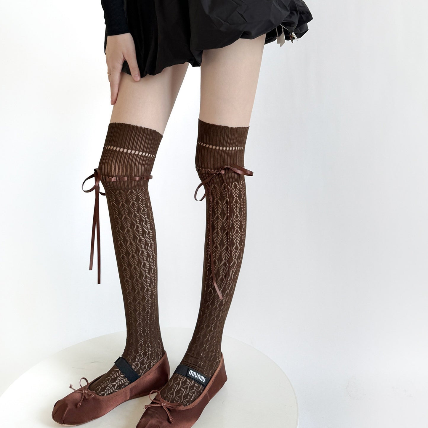 Over-the-Knee Knit Socks with Diamond Pattern and Ribbon Bow Detail